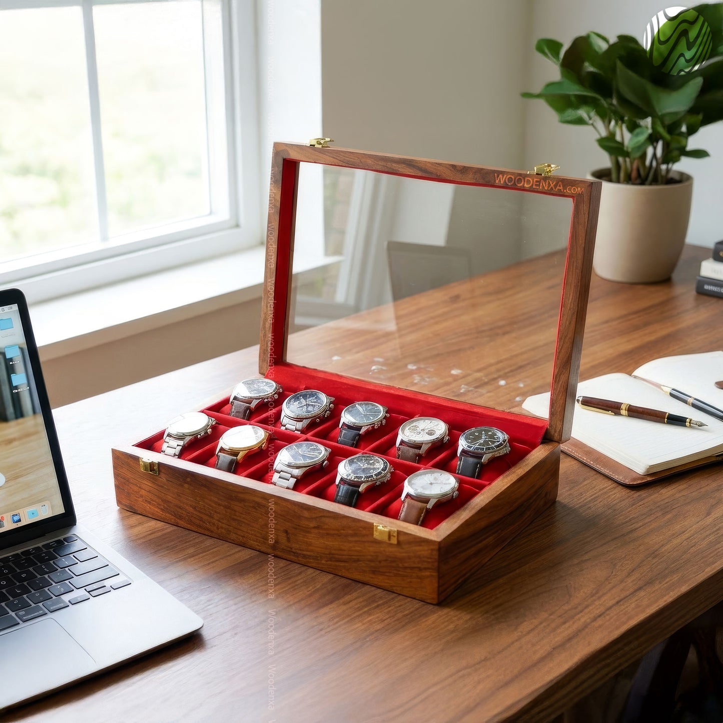 10 Watch Wooden Box with Acrylic Glass Top & Golden Button | Handmade by Woodenxa
