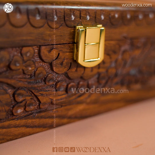 4 Watch Wooden Box with Carving & Golden Button