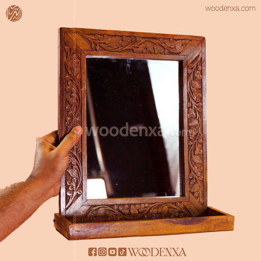 Elegant Wooden Mirror with Carving Design | Handmade by Woodenxa