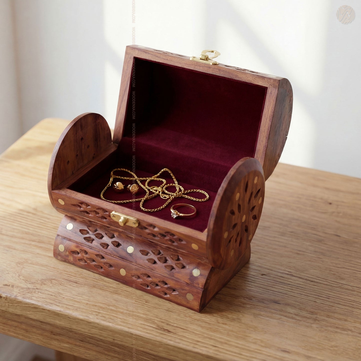 Fully Carved Wooden Jewellery Box with Brass Work – Handmade by Woodenxa