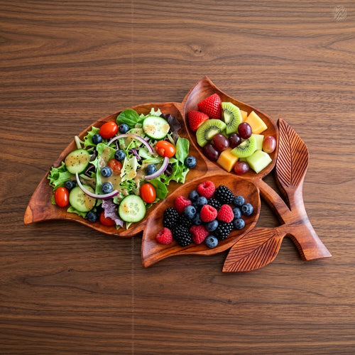 Leaf Style Wooden Serving Tray 3-Section by Woodenxa