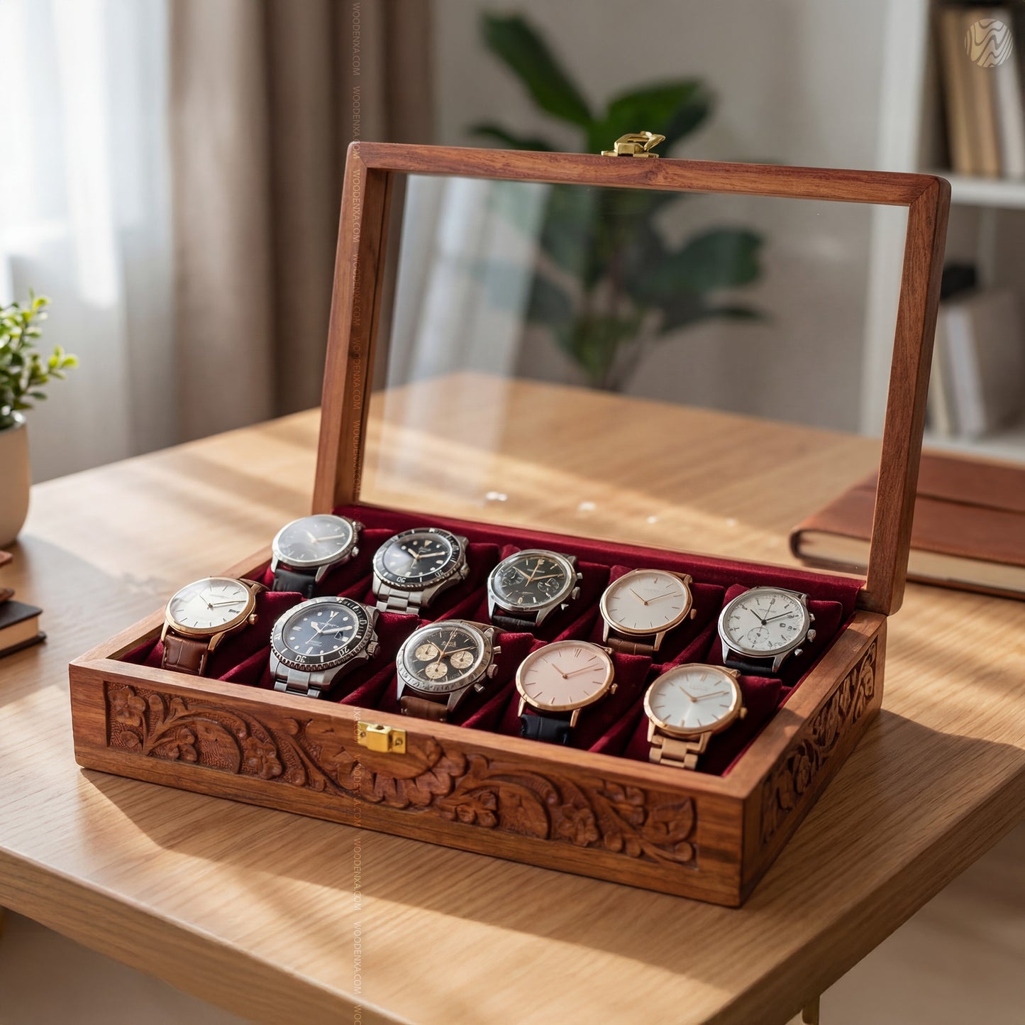 Fully Carved 10‑Watch Wooden Box | Handcrafted by Woodenxa