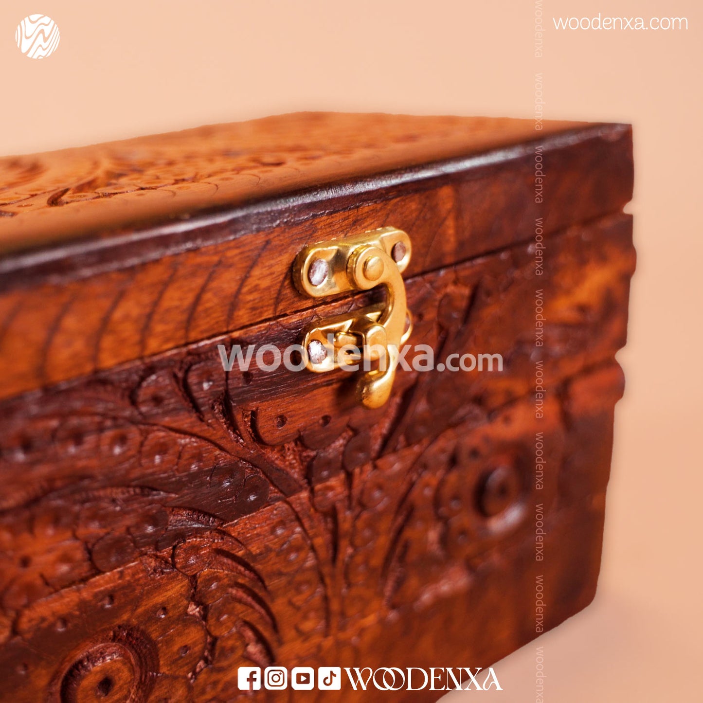Trifold Wooden Jewelry Box 8x5 with Carving & Golden Button | Handmade by Woodenxa