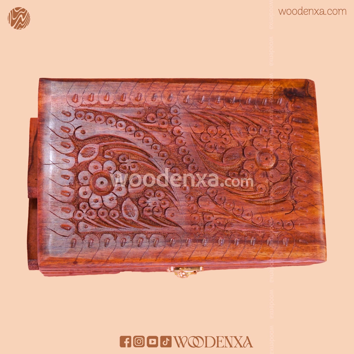 Trifold Wooden Jewelry Box 9x5 with Carving & Golden Button | Handmade by Woodenxa