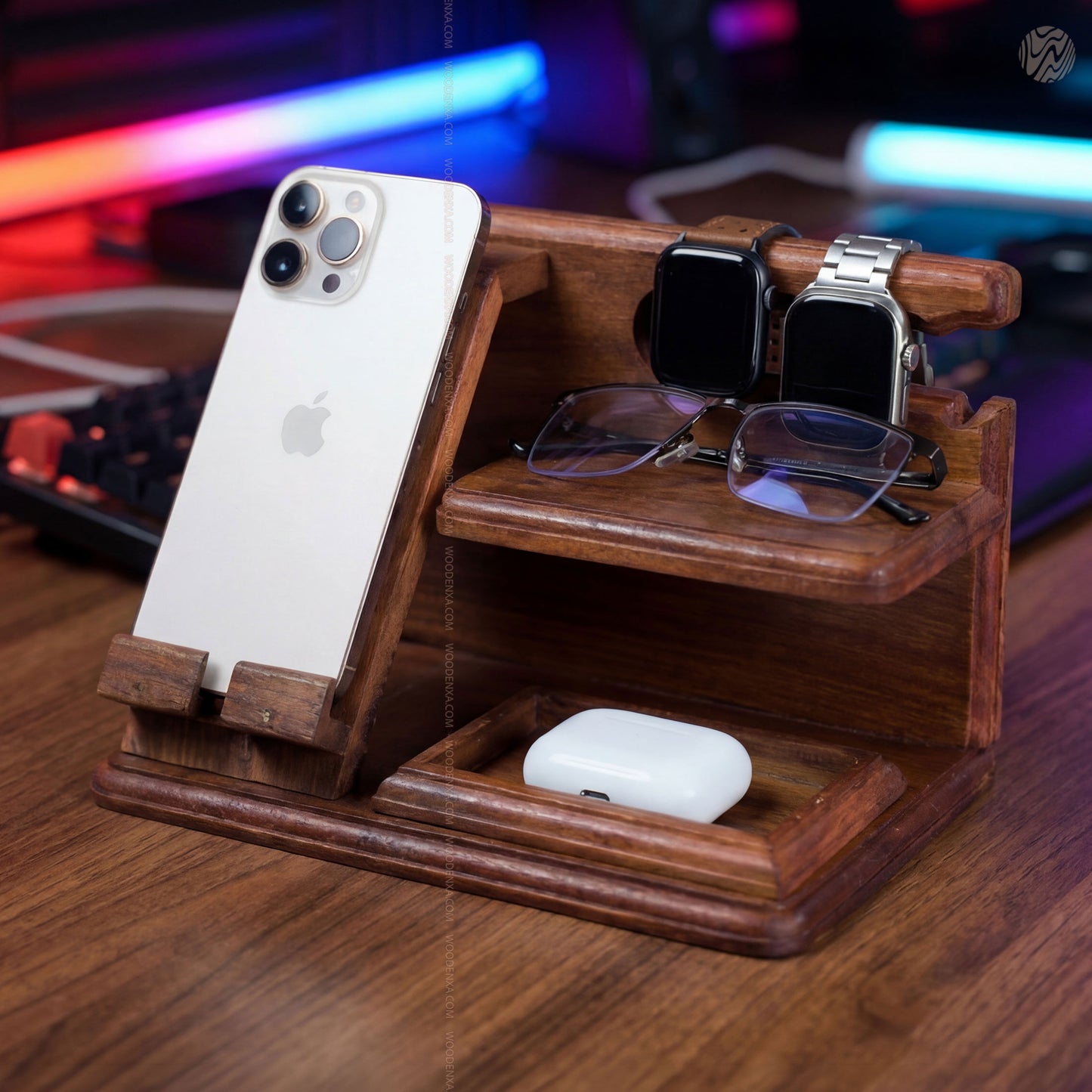 Wooden Multi-Functional Desk Organizer – Phone Stand, Watch & Key Holder
