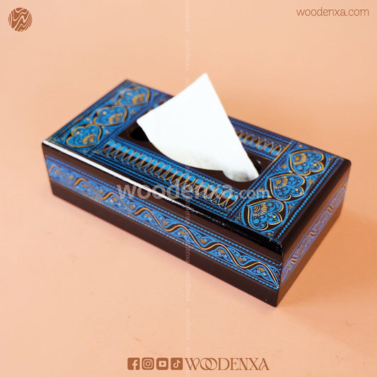 Black Wooden Tissue Box with Blue Naqshi Art | Handmade by Woodenxa