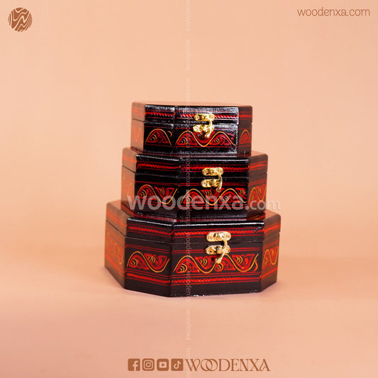 MDF Wooden Jewellery Box Set of 3 – Red Naqshi Art | Handmade by Woodenxa