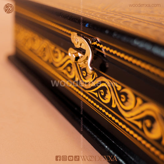 MDF Quran & Jewelry Box – Black with Golden Naqshi Art | Woodenxa