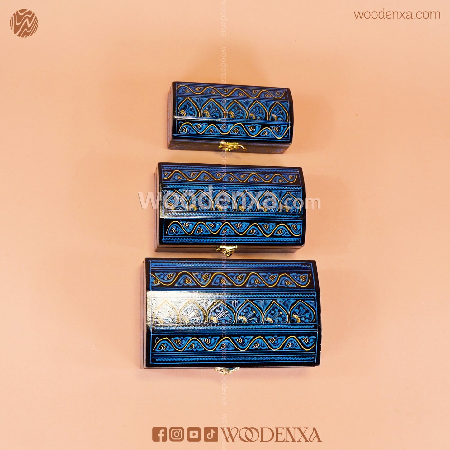 MDF Wooden Jewellery Box Set of 3 – Handcrafted with Blue Naqshi Art | Woodenxa