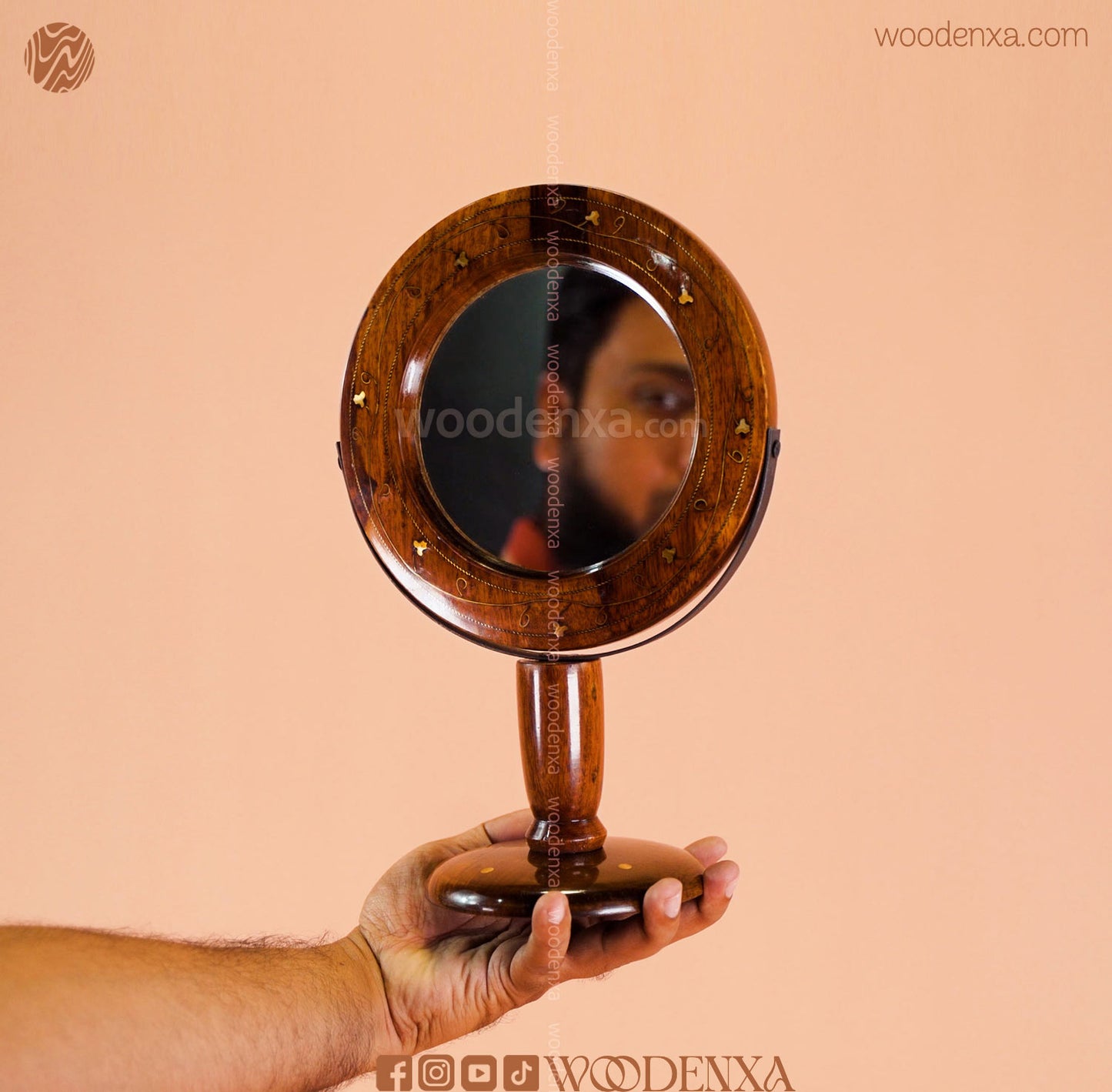 Sheesham Wood Portable Makeup Mirror with Stand & Brass Work | Woodenxa