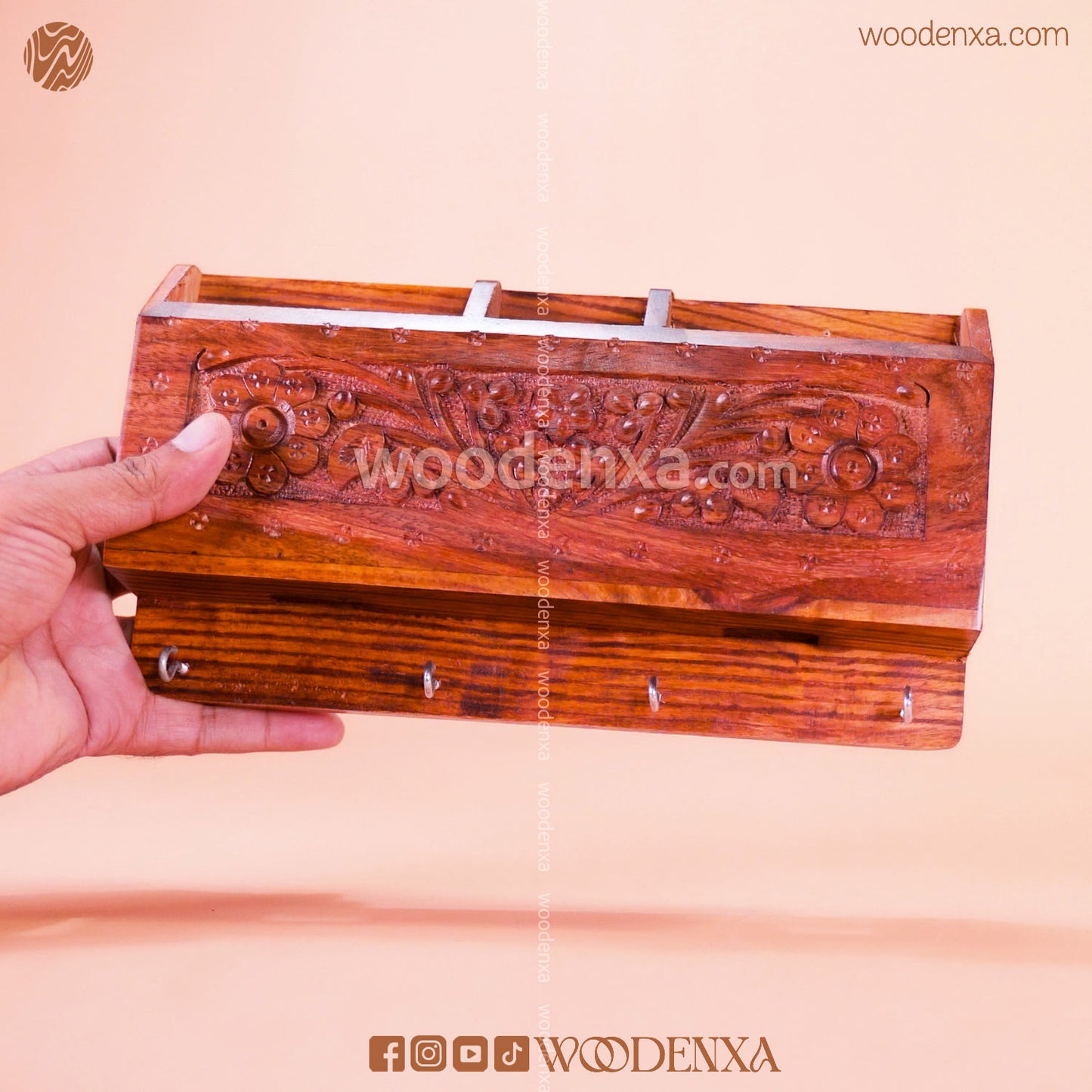 Wall Mounted Wooden Dual Mobile & Key Holder with Carving | Handmade by Woodenxa
