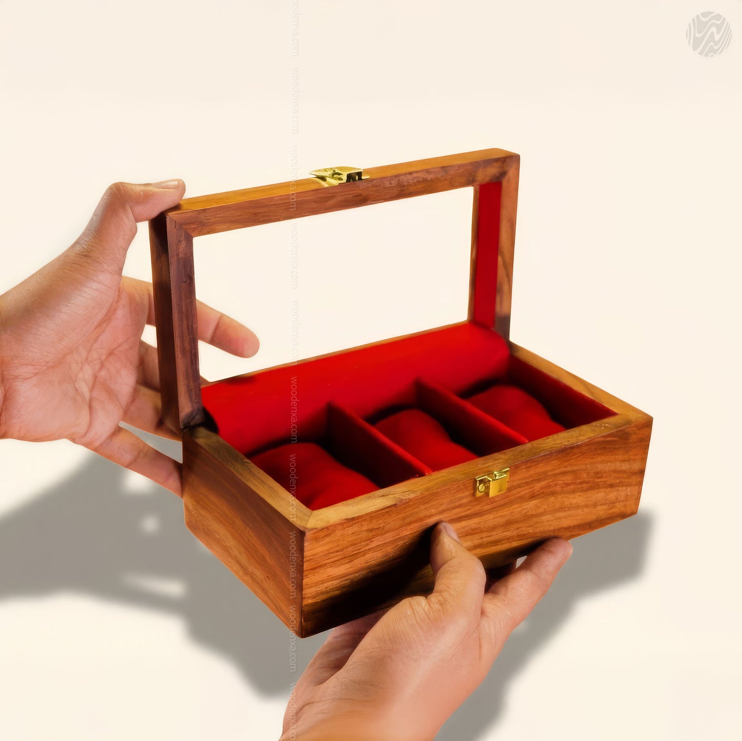 3 Watch Wooden Box with Glass Top, Carving & Golden Button | Handmade by Woodenxa