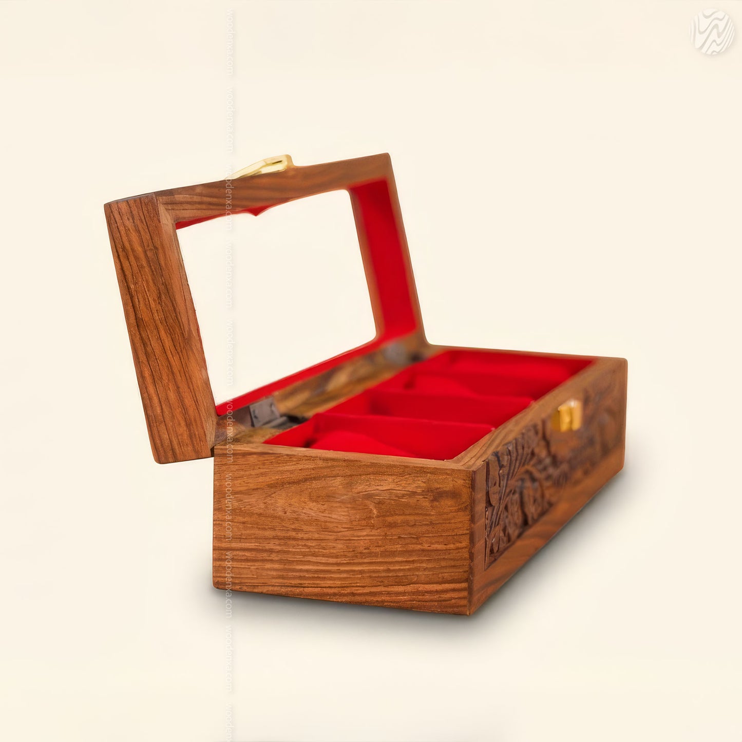 4 Watch Wooden Box with Glass Top, Carving & Golden Button | Handmade by Woodenxa