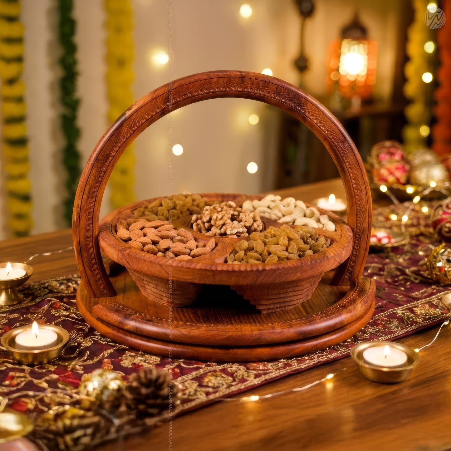 Foldable Handmade Wooden Dry Fruit Basket Tray 14 Inch– 5 Section by Woodenxa