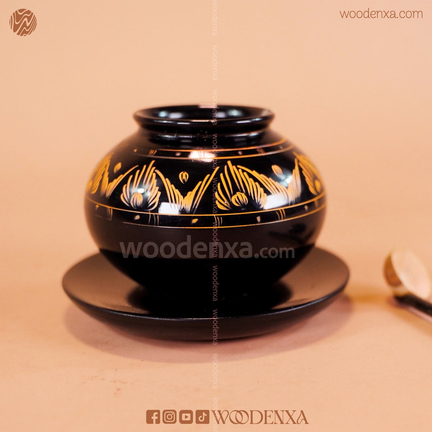Wooden Sugar Pot Black with Fancy Spoon – Hand-Painted Golden Naqshi Art | Woodenxa