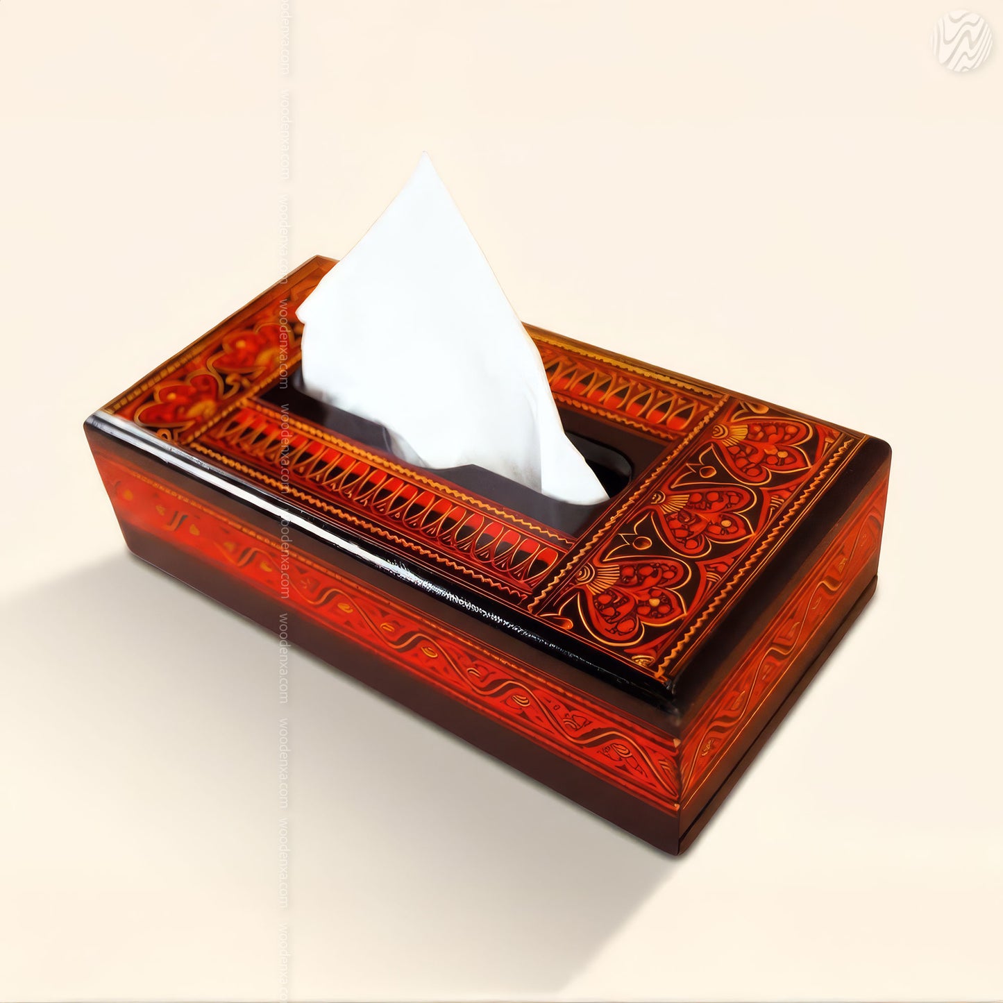 Black Wooden Tissue Box with Red Naqshi Art | Handmade by Woodenxa