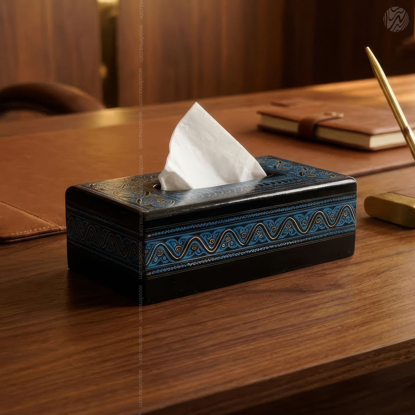 Black Wooden Tissue Box with Blue Naqshi Art | Handmade by Woodenxa