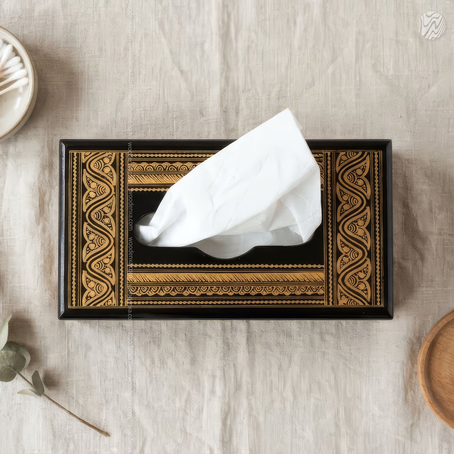 Black Wooden Tissue Box with Golden Naqshi Art | Handmade by Woodenxa