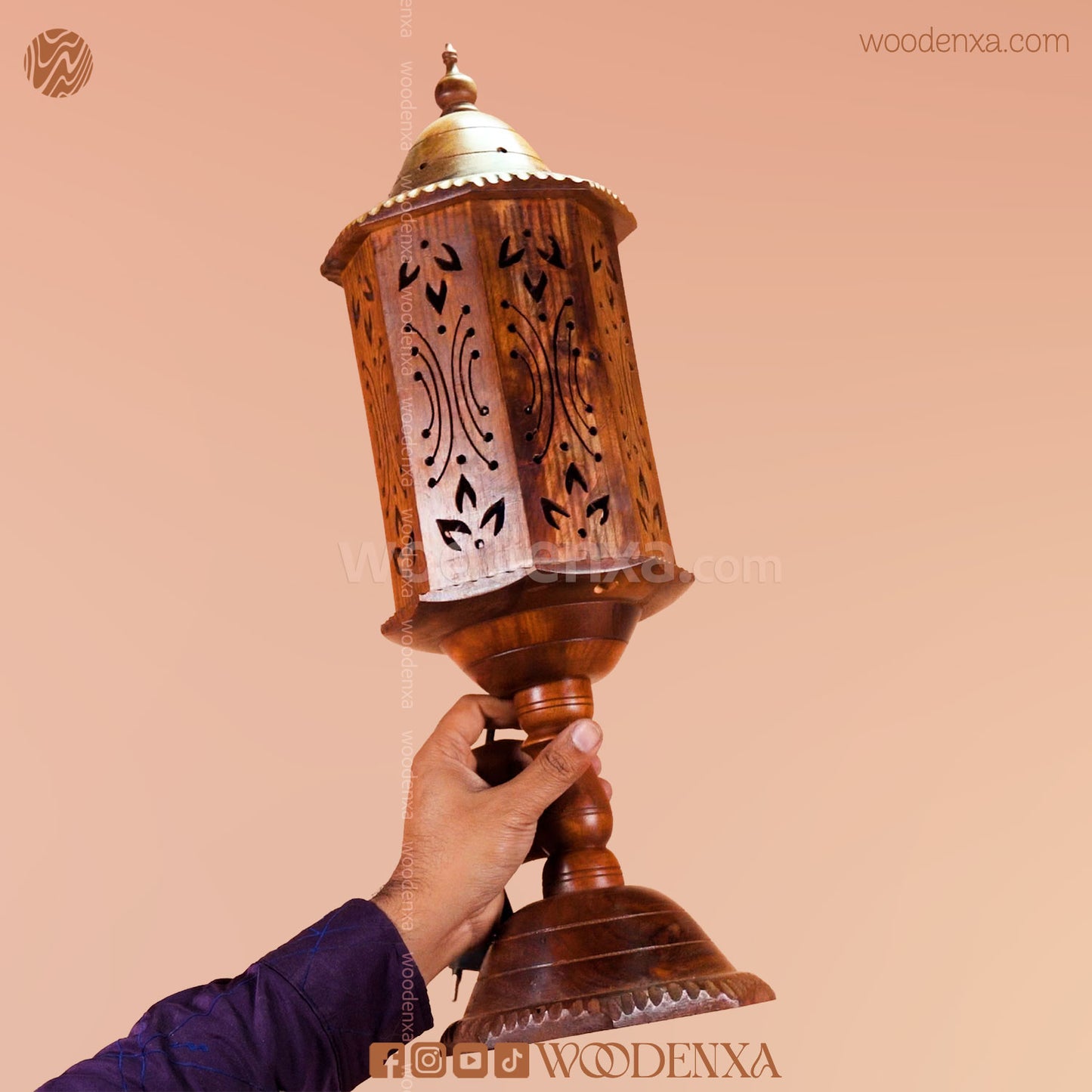 Hand Carved Wooden Cutwork Lamp Octagon Large With Stand – by Woodenxa