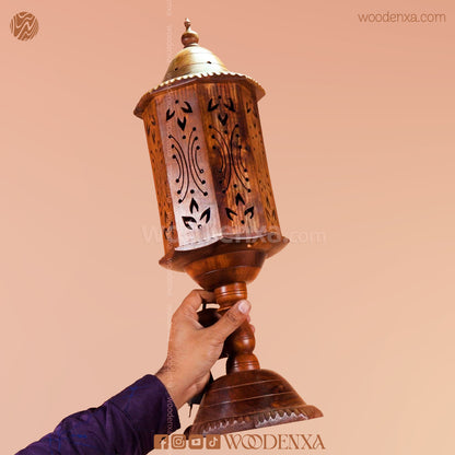 Hand Carved Wooden Cutwork Lamp Octagon Large With Stand – by Woodenxa