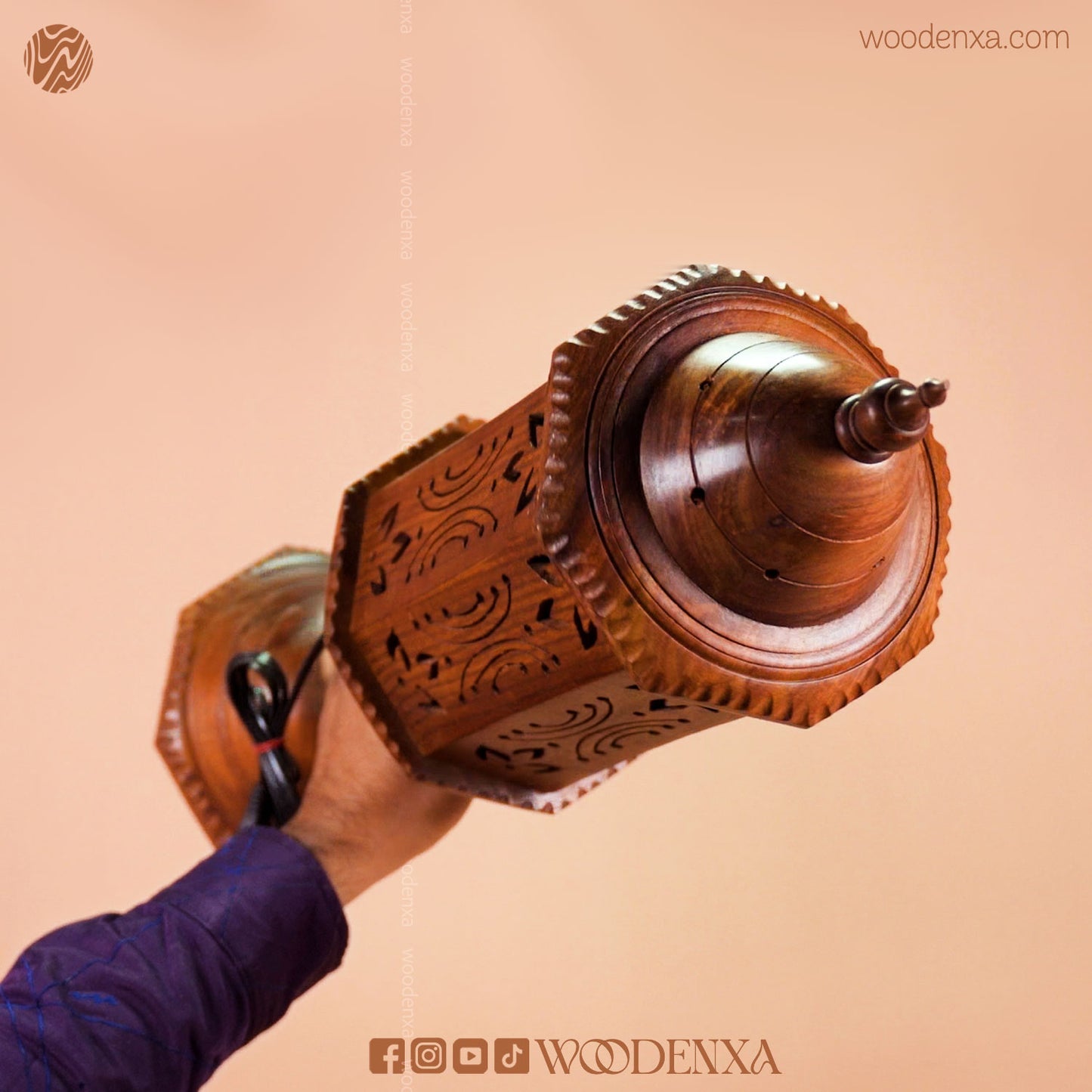 Hand Carved Wooden Cutwork Lamp Octagon Large With Stand – by Woodenxa
