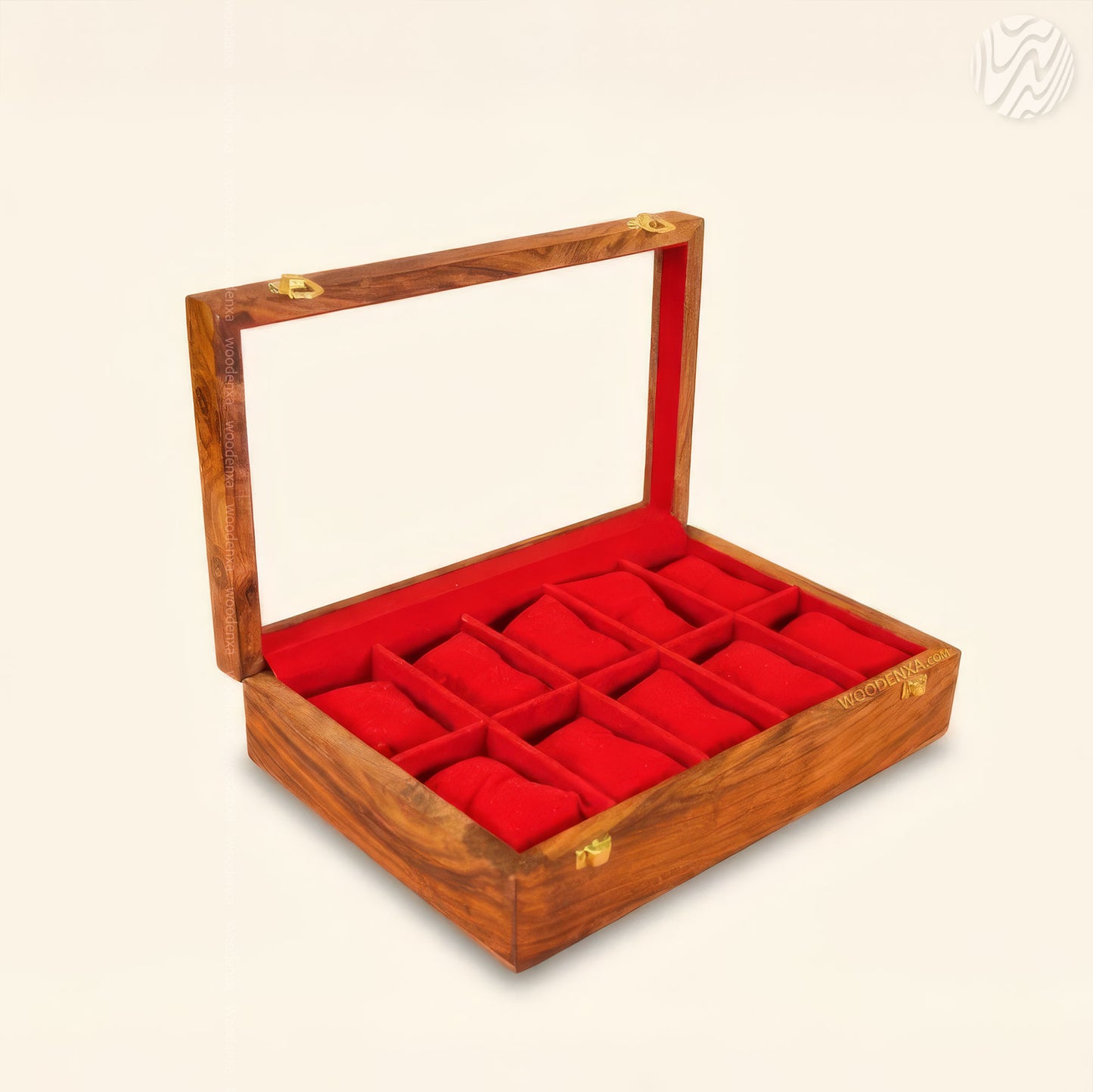 10 Watch Wooden Box with Acrylic Glass Top & Golden Button | Handmade by Woodenxa