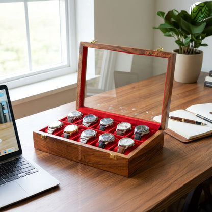 10 Watch Wooden Box with Acrylic Glass Top & Golden Button | Handmade by Woodenxa