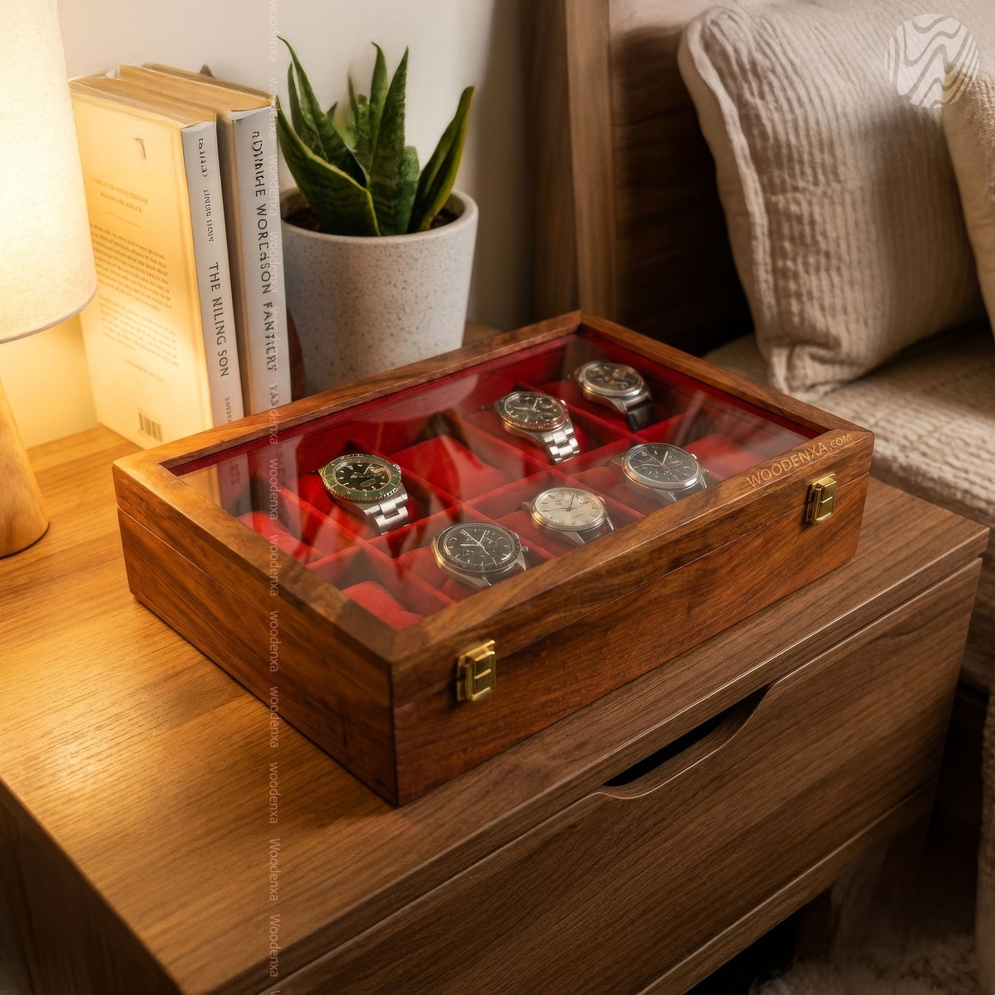 10 Watch Wooden Box with Acrylic Glass Top & Golden Button | Handmade by Woodenxa