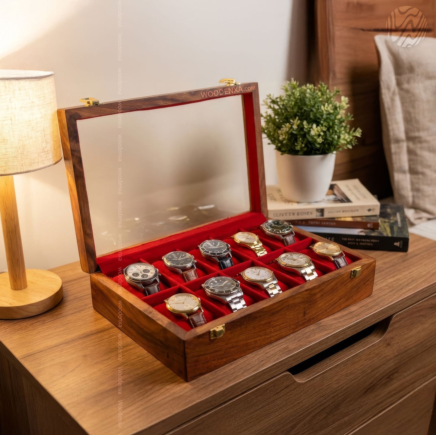 10 Watch Wooden Box with Acrylic Glass Top & Golden Button | Handmade by Woodenxa