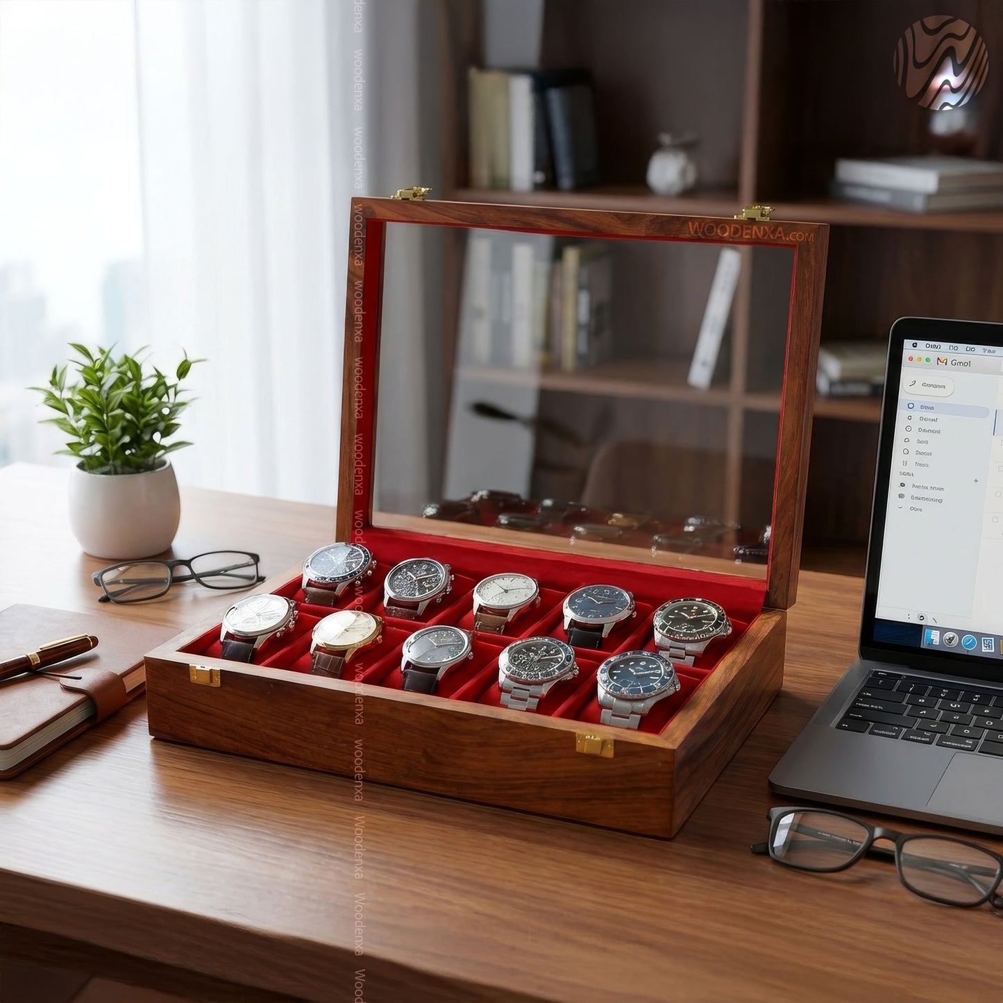 10 Watch Wooden Box with Acrylic Glass Top & Golden Button | Handmade by Woodenxa