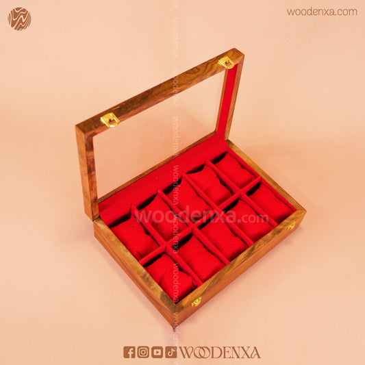10 Watch Wooden Box with Glass Top, Carving & Golden Button | Handmade by Woodenxa