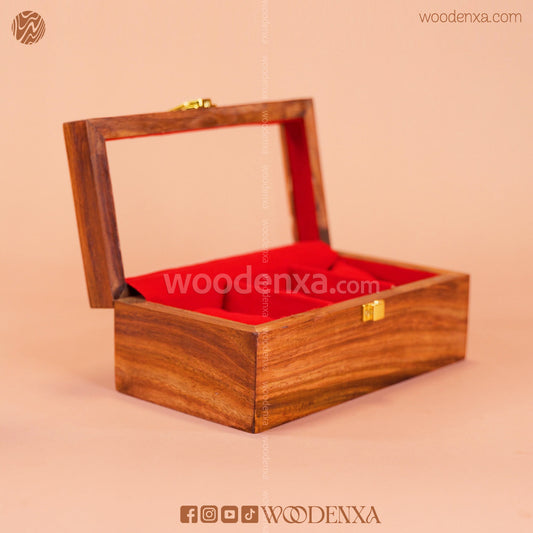3 Watch Wooden Box with Glass Top, Carving & Golden Button | Handmade by Woodenxa