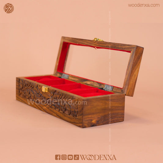 4 Watch Wooden Box with Carving & Golden Button