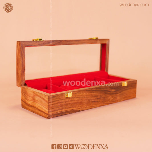 5 Watch Wooden Box with Glass Top & Carving | Handmade by Woodenxa