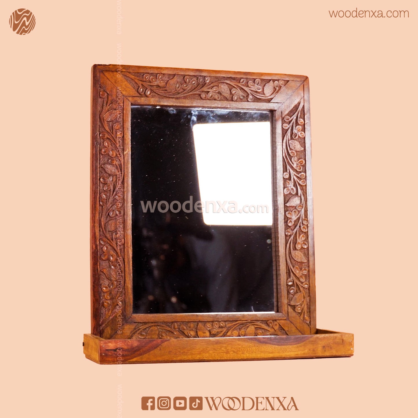 Elegant Wooden Mirror with Carving Design | Handmade by Woodenxa