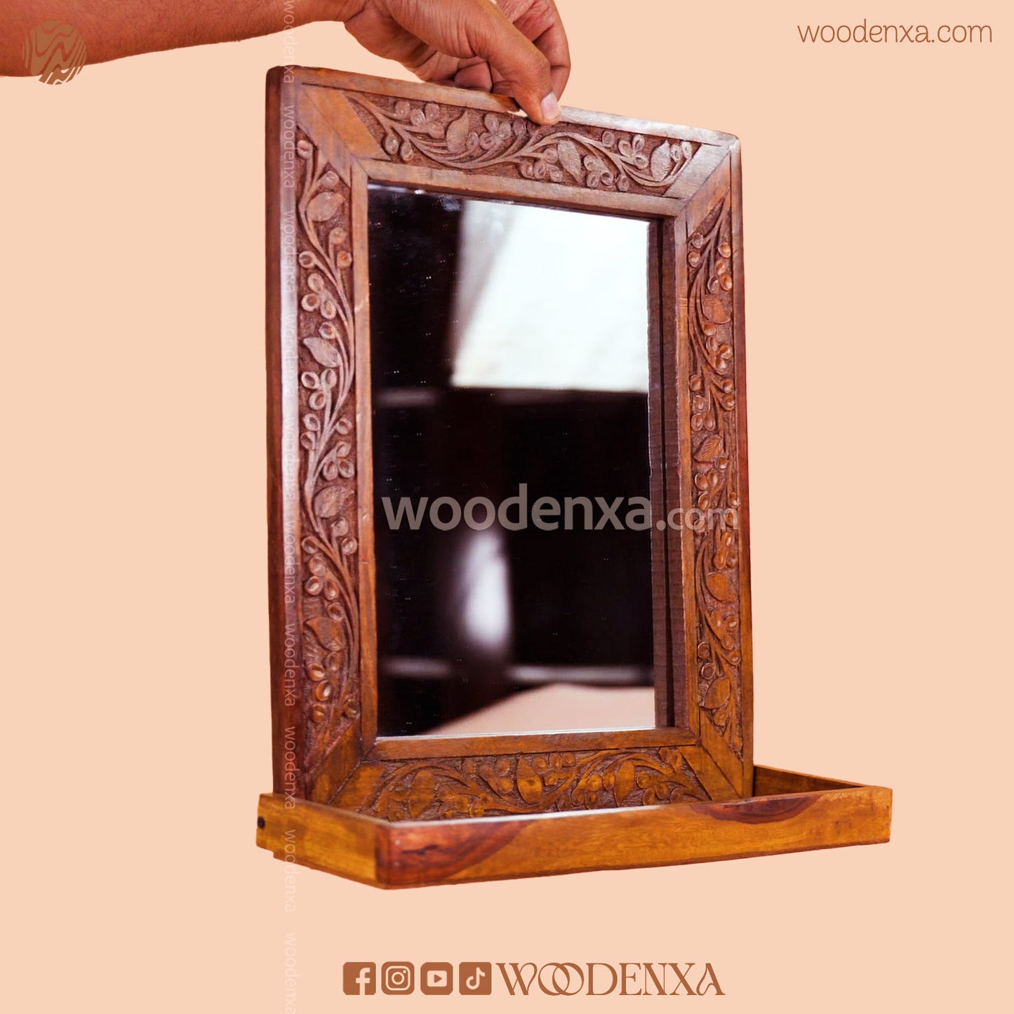 Elegant Wooden Mirror with Carving Design | Handmade by Woodenxa
