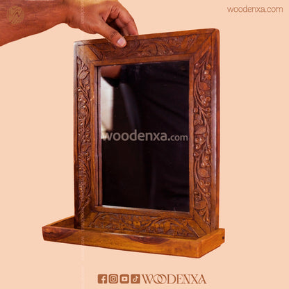Elegant Wooden Mirror with Carving Design | Handmade by Woodenxa