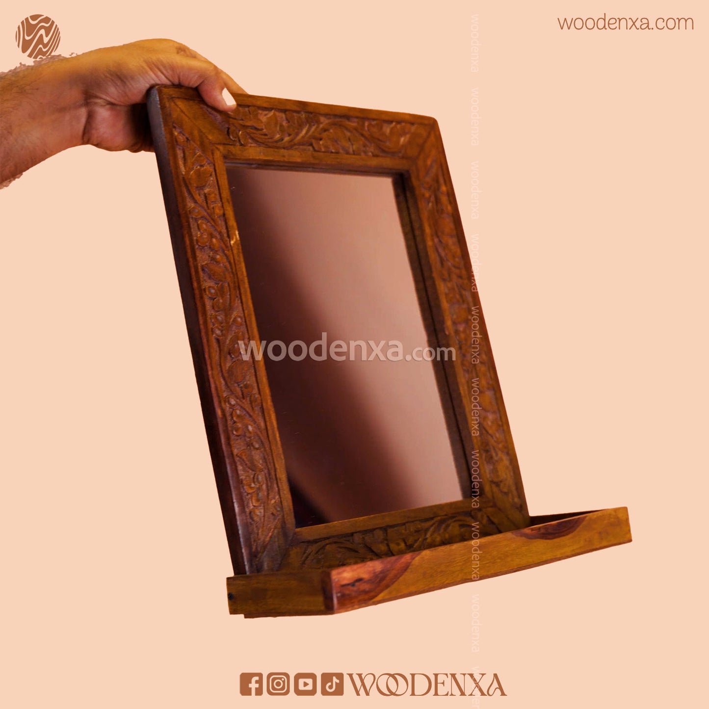 Elegant Wooden Mirror with Carving Design | Handmade by Woodenxa