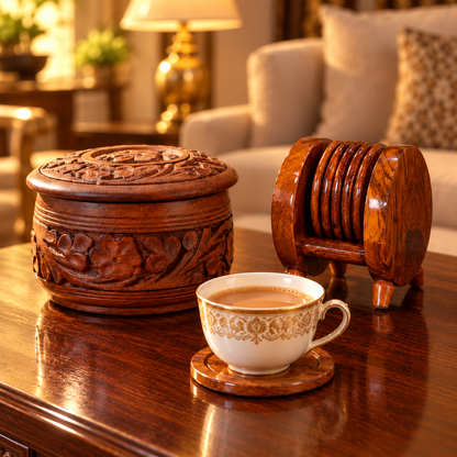 Wooden Tea Time Set: Handcrafted Tea Mate (6 Cups) + Coaster Set with Holder