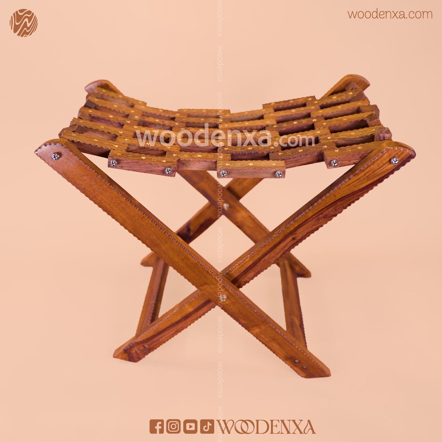 Foldable Wooden Stool with Brass Inlay Work | Handmade by Woodenxa
