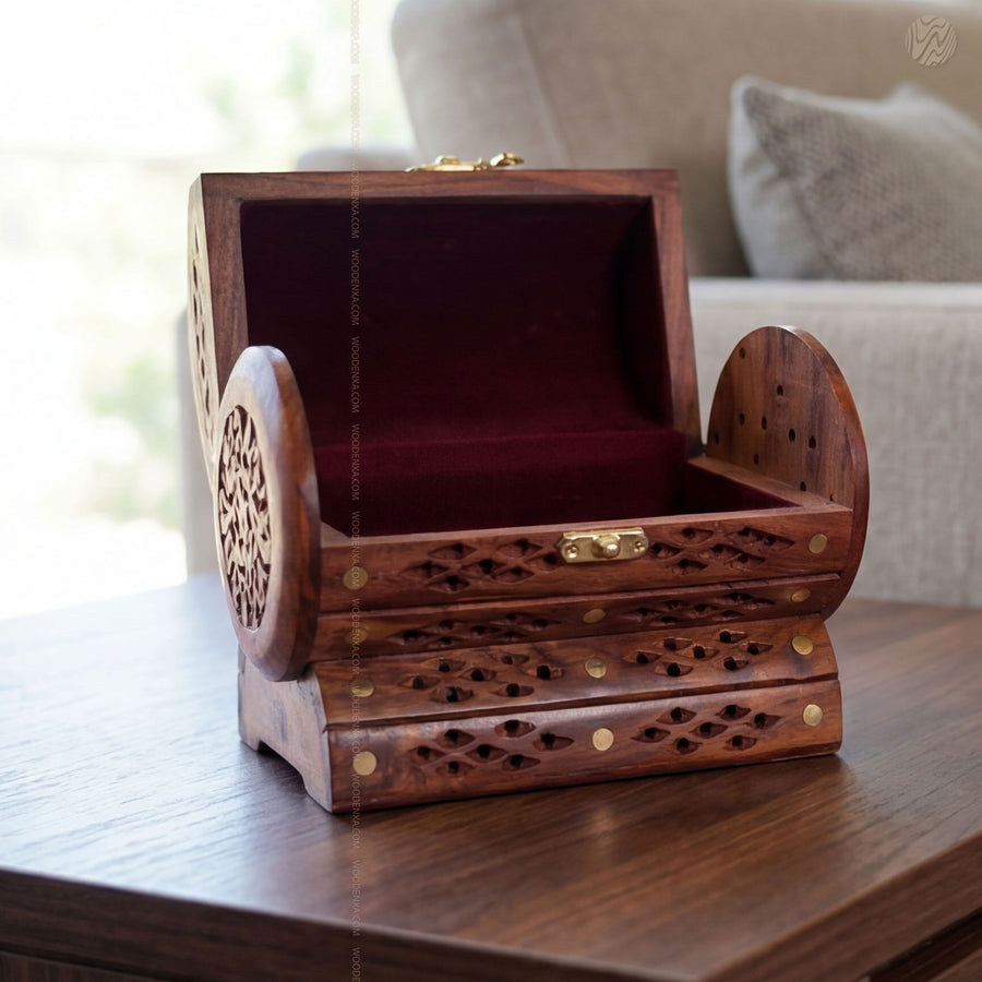 Fully Carved Wooden Jewellery Box with Brass Work – Handmade by Woodenxa
