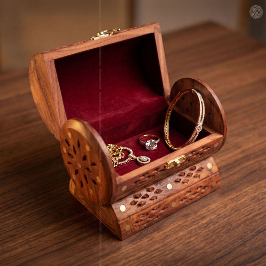 Fully Carved Wooden Jewellery Box with Brass Work – Handmade by Woodenxa