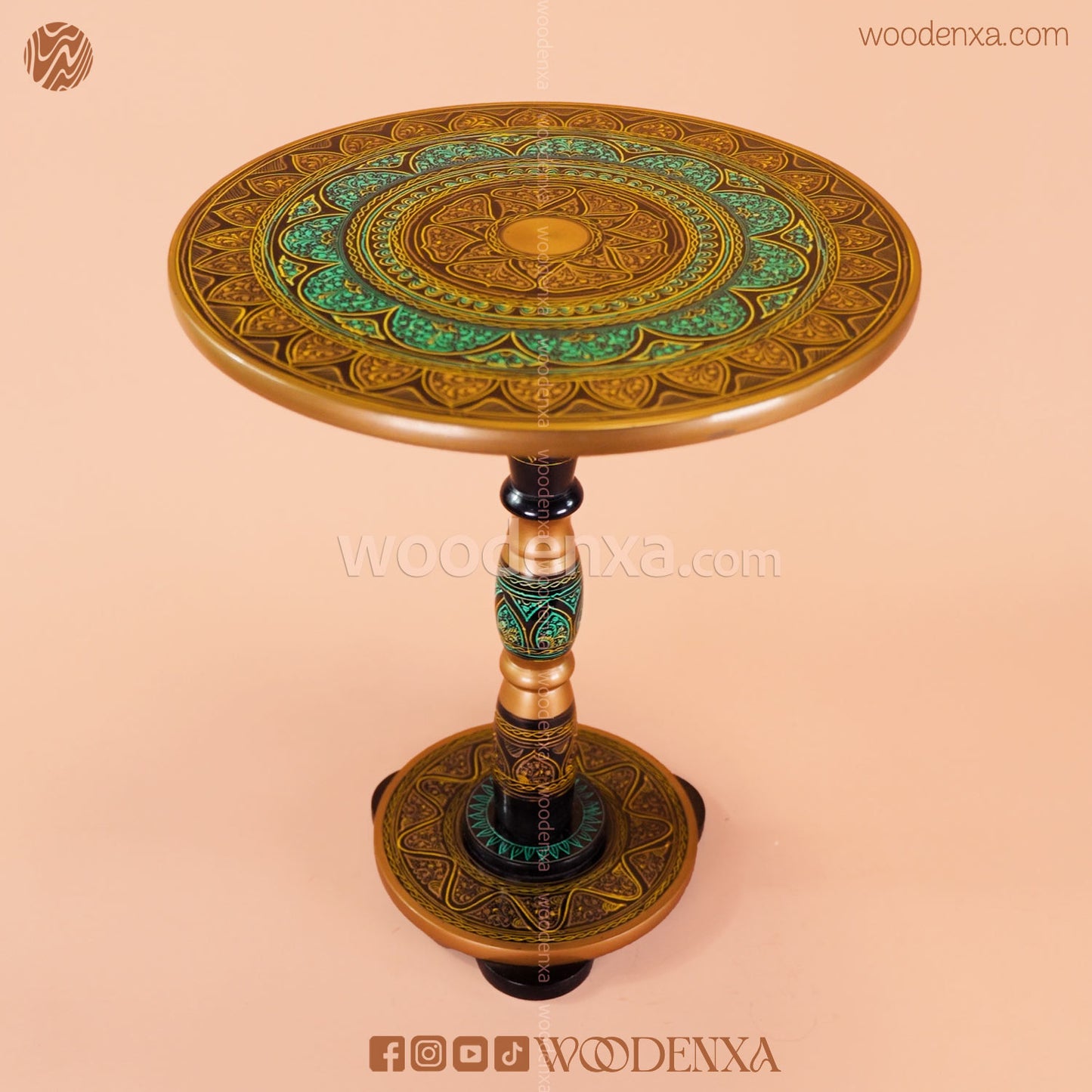 Handcrafted Naqshi & Lacquer Art Coffee Table – Black & Golden | 18 Inches Wooden Table