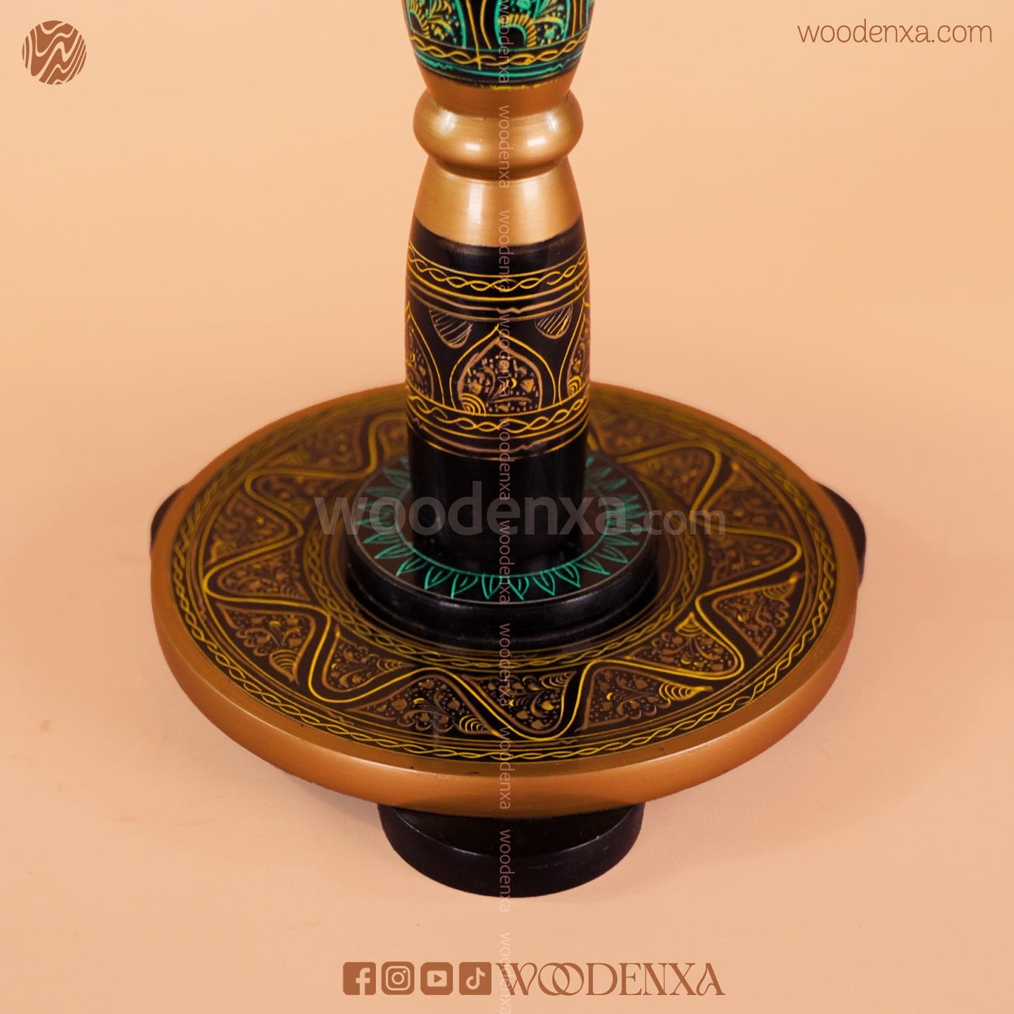 Handcrafted Naqshi & Lacquer Art Coffee Table – Black & Golden | 18 Inches Wooden Table