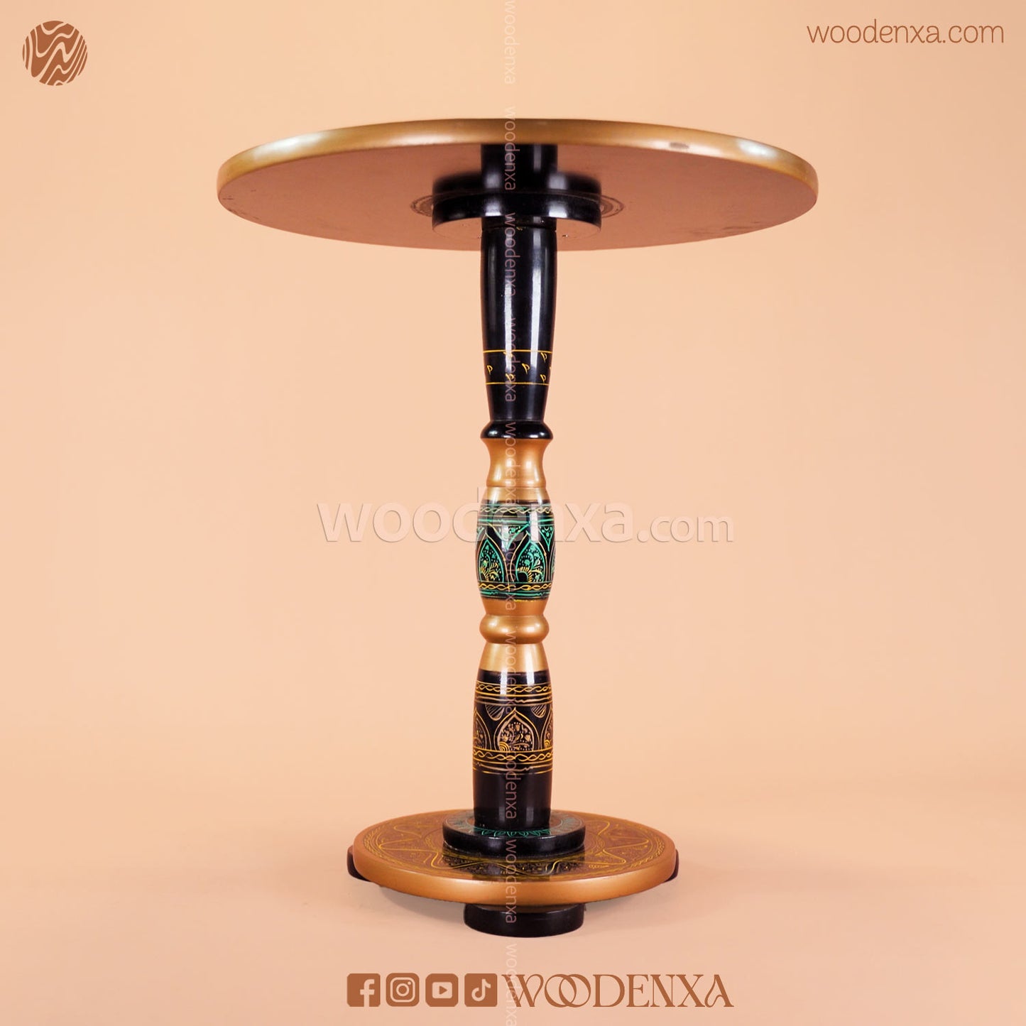 Handcrafted Naqshi & Lacquer Art Coffee Table – Black & Golden | 18 Inches Wooden Table