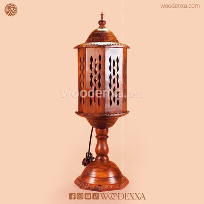 Large Round Wooden Table Lamp with Carving – Unique Design by Woodenxa
