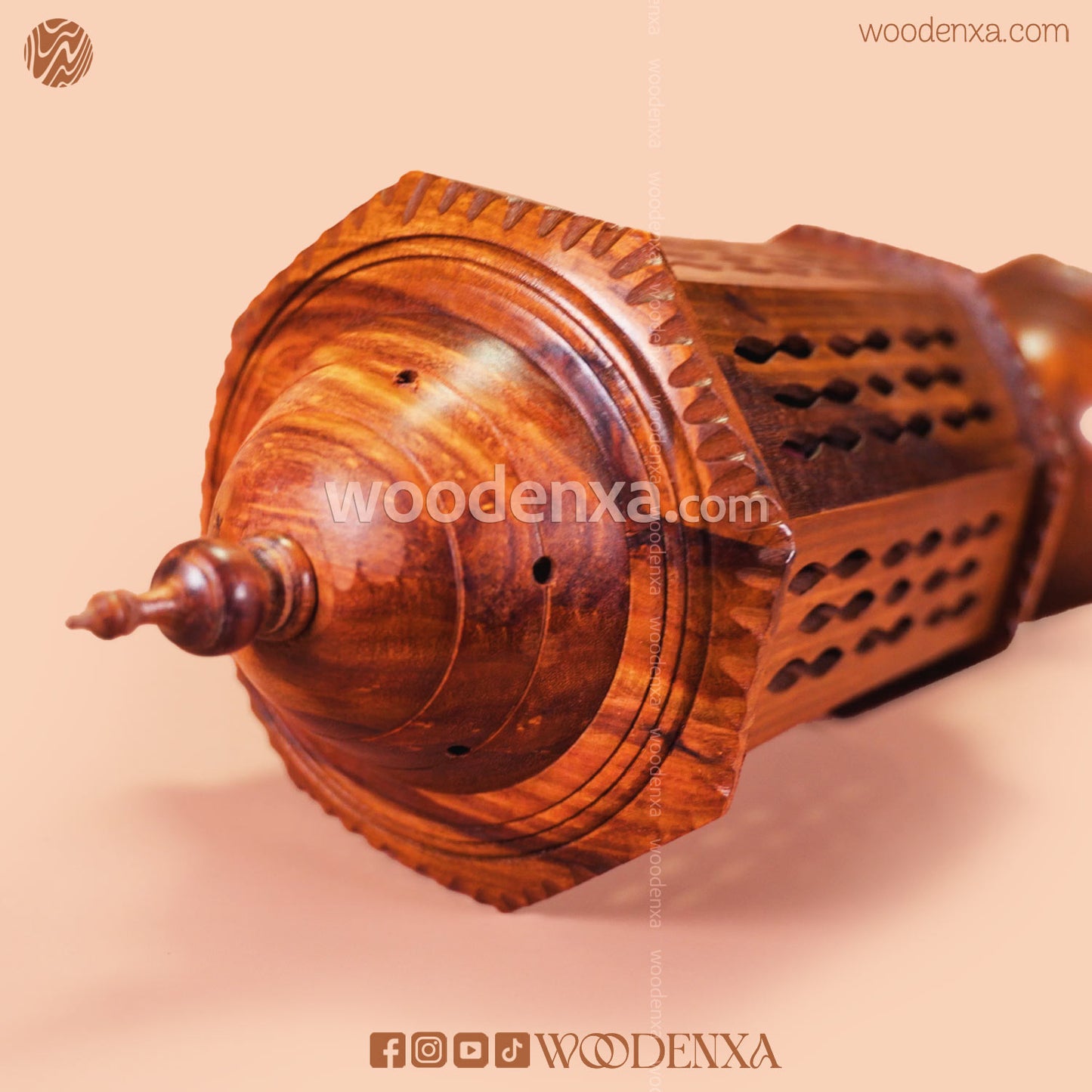 Large Round Wooden Table Lamp with Carving – Unique Design by Woodenxa