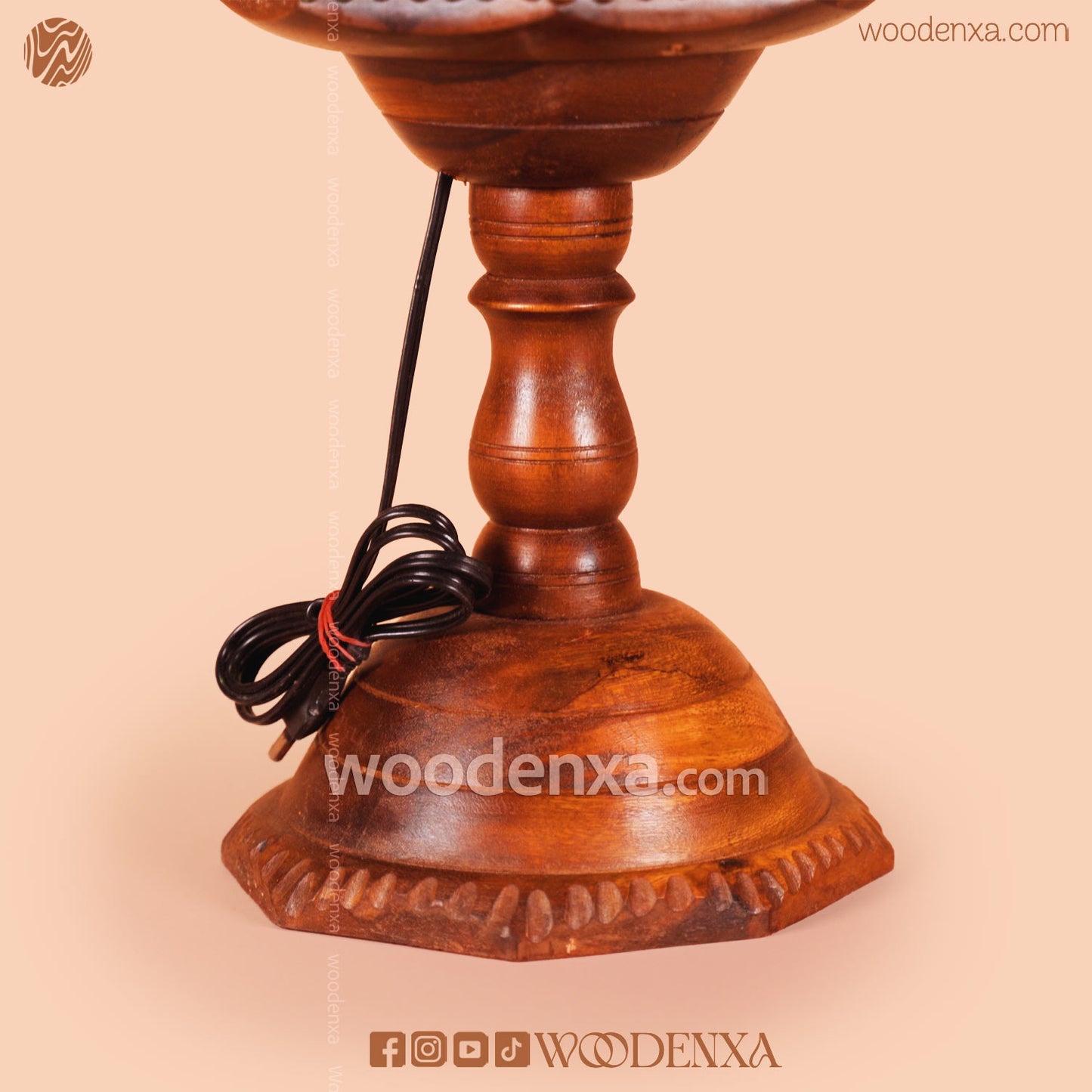 Large Round Wooden Table Lamp with Carving – Unique Design by Woodenxa