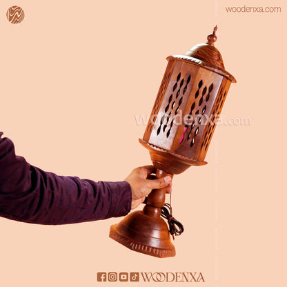 Large Round Wooden Table Lamp with Carving – Unique Design by Woodenxa