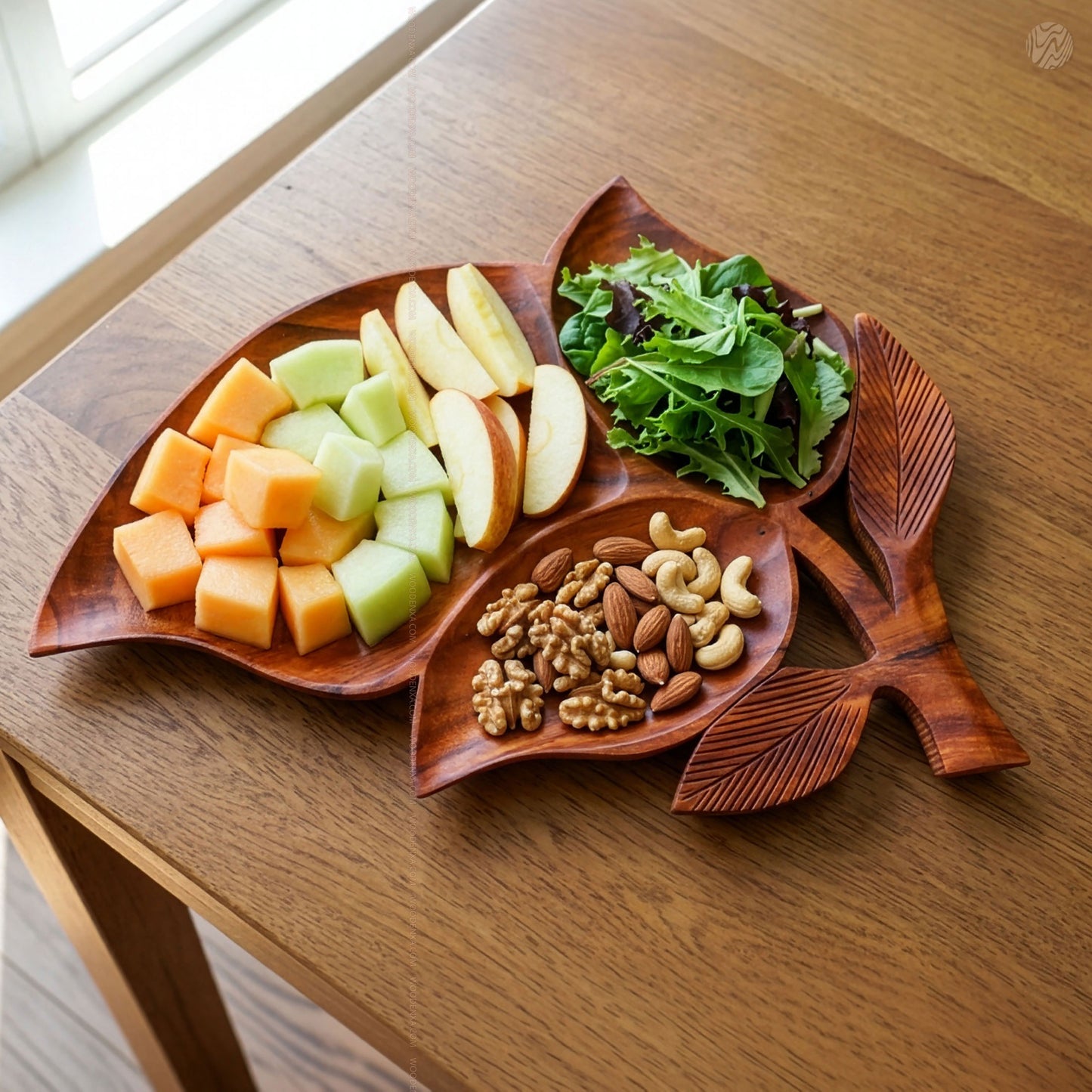 Leaf Style Wooden Serving Tray 3-Section by Woodenxa